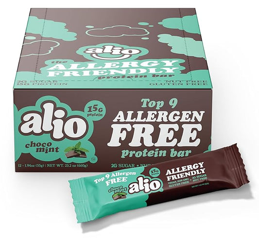 Alio Protein Bars - Choco Mint (12 Bars) – Free From The Top 9 Food Allergens, High Protein, Low-Calorie, Vegan, Gluten-Free, Nut-Free, Non-GMO, Plant-Based, Seed Oil Free, Delicious & Healthy Snack