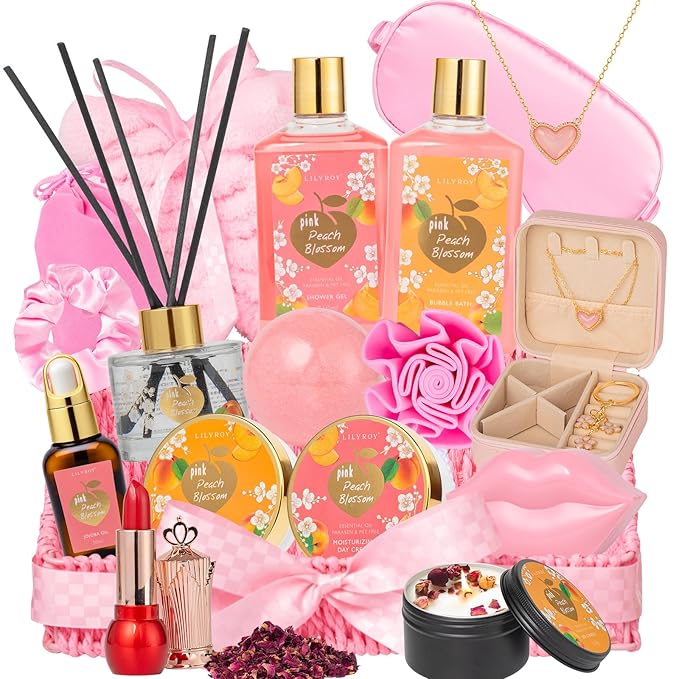 Mothers Day Gifts for Mom - 23-Piece Luxury Bath & Body Gift Basket for Women, Spa Kit for Her, Self Care Kit with Necklace, Diffuser & More | Perfect for Holiday, Christmas, Valentine's Day, Birthday