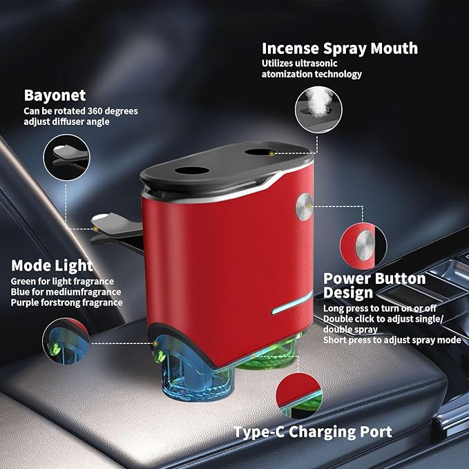 Smart Car Air Freshener, Dual-Channel Diffuser, Long-Lasting Scent Air Freshener Three Adjustable Modes, Aromatizante Para Carro With 4pcs Aromatherapy Oil Oils Rechargeable Intelligent Red