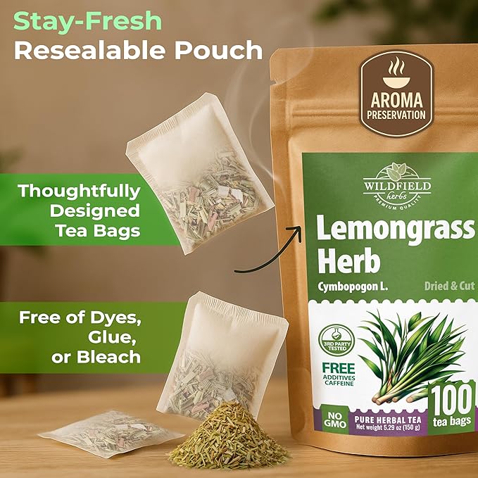100 Bags Dried Lemongrass Tea Lemon Grass Leaf Herbal Tea Zacate De Limon (Cymbopogon) - 100 Count 1.5g Bags Lemongrass Chai Herb Limoncillo (Hierba Limon)