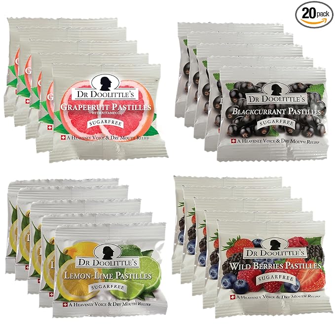 Dr. Doolittle’s Pastilles Sugar Free Variety Pack for Voice and Throat, Blackcurrant, Grapefruit, Lemon Lime, and Wild Berries, .33 oz Travel Size Bag, approximately 4 Count, 20 Pack