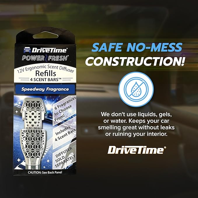 Drive Time Reusable 12V Plug-in Car Air Freshener – Power Fresh, Auto Shut-Off, Plug-In Convenience, No Batteries Needed – Includes 4 Scent Bars for Up to 30 Days of Freshness – Speedway