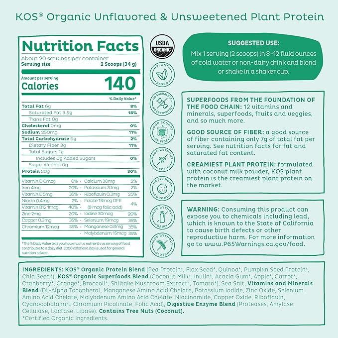 KOS Vegan Protein Powder, Unflavored & Unsweetened - Low Carb Pea Protein Blend, Organic Superfood Rich in Vitamins & Minerals - Keto, Soy, Dairy Free - Meal Replacement for Women & Men - 20 Servings