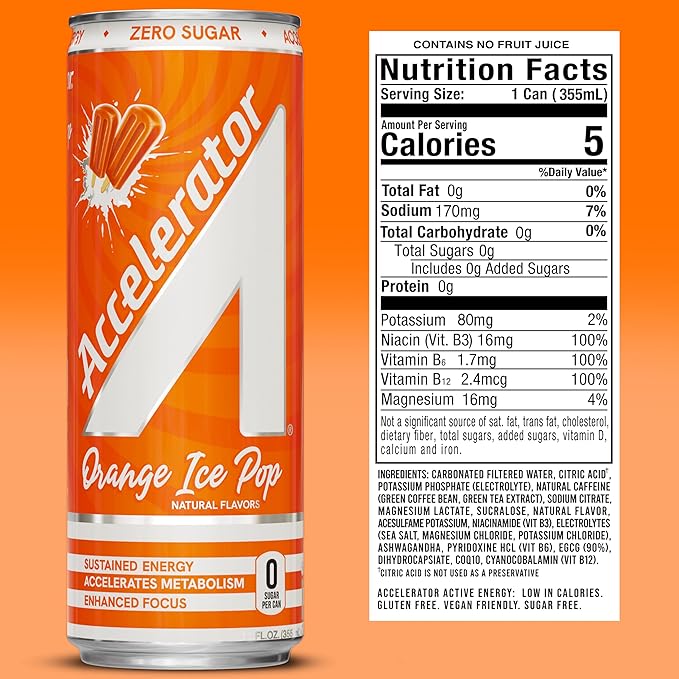 Accelerator Energy Drink Sugar Free, Orange Ice Pop 12oz can(12 pack), Zero Sugar Energy Drinks with Sustained Energy from 100% Natural Caffeine (200mg) & Green Tea extract