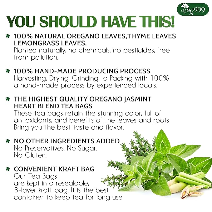 TOG999, Premium Oregano Herbal Tea with Jasmine-Like Notes ā 60 Tea Bags | Blend of Oregano, Thyme & Lemongrass | Caffeine-Free, Natural Flavor, Premium Quality Herbal Infusion