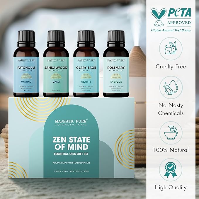 Majestic Pure, Rosemary, Sandalwood, Clary Sage and Patchouli Meditation Essential Oil Set | Perfect for Meditation, Yoga, Relaxation or Mindful Mornings | Pack of 4 x 0.3 Fl Oz