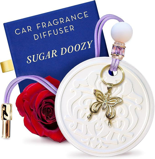 Luxury Car Air Freshener for Women - Refillable & Portable Essential Oil Fragrance Diffuser - Cute Car Accessories & Interior Decor - Mirror Hanging or Vent Clips - Butterfly Gold Charm, Rose Scent