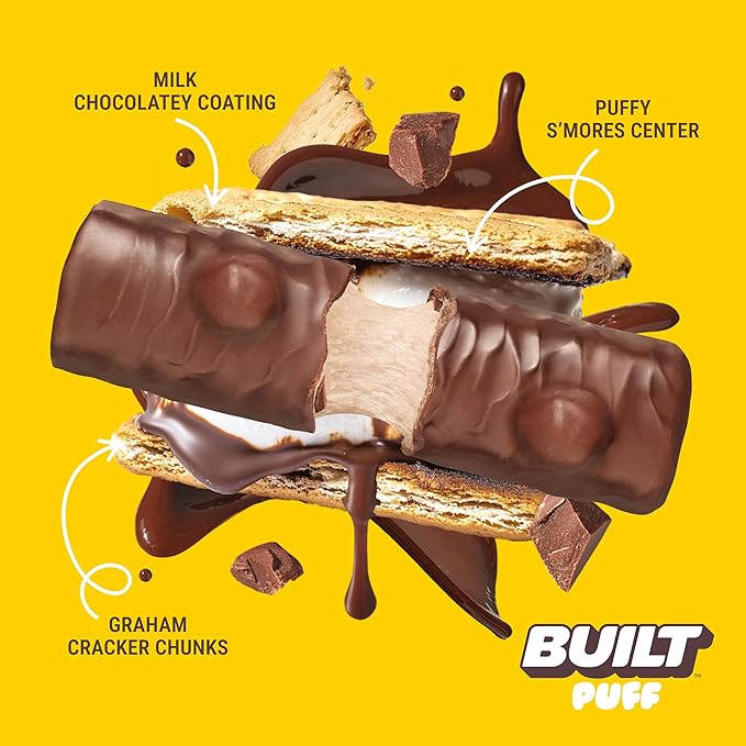 Built Bar, Puff Protein Bars, S'mores Chunk Puff, 15g Protein Snacks, On-The-Go Bars, Only 160 Calories, 9g Sugar, Collagen, Not Gluten Free, 12 Count