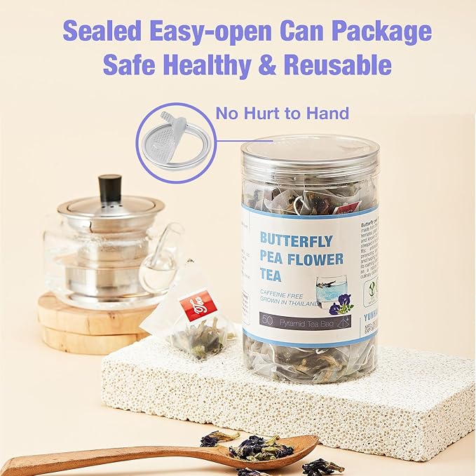 50 Dried Blue Butterfly Pea Flower Tea Bags | Thai Herbal Tea | Blue Purple Pea Tea | Caffeine-Free, Gluten-Free, Non-GMO | Ideal for Cooking, Iced Tea, Coolers, Cocktails and Mocktails