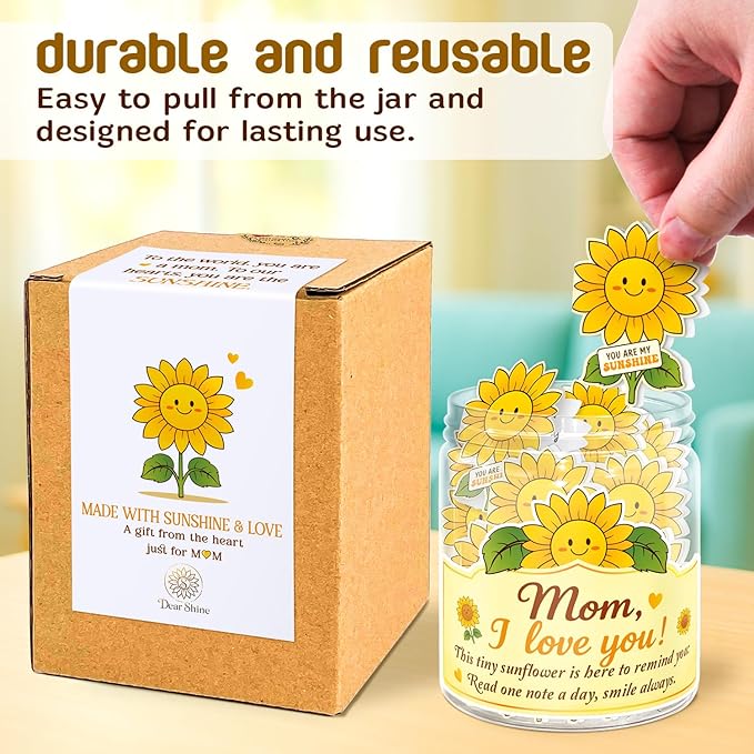 Mom Sunflower Gifts – I Love You Mom Gifts - 60 Positive Sunflower Daily Affirmation Cards Jar – Mothers Day, Christmas, Birthday Gift for Moms - Moms Gift from Daughter, Son, Kid