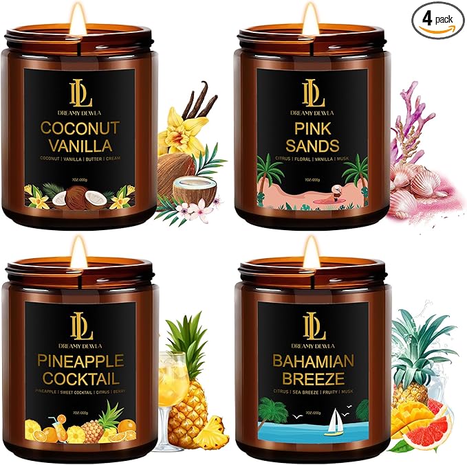 4 Pack Scented Candles Set, Natural Soy Candles for Home Scented, Gifts for Men Women Aromatherapy Candle Sets, Scents of Pink Sands/Coconut Vanilla/Bahamian Breeze/Pineapple Cocktail