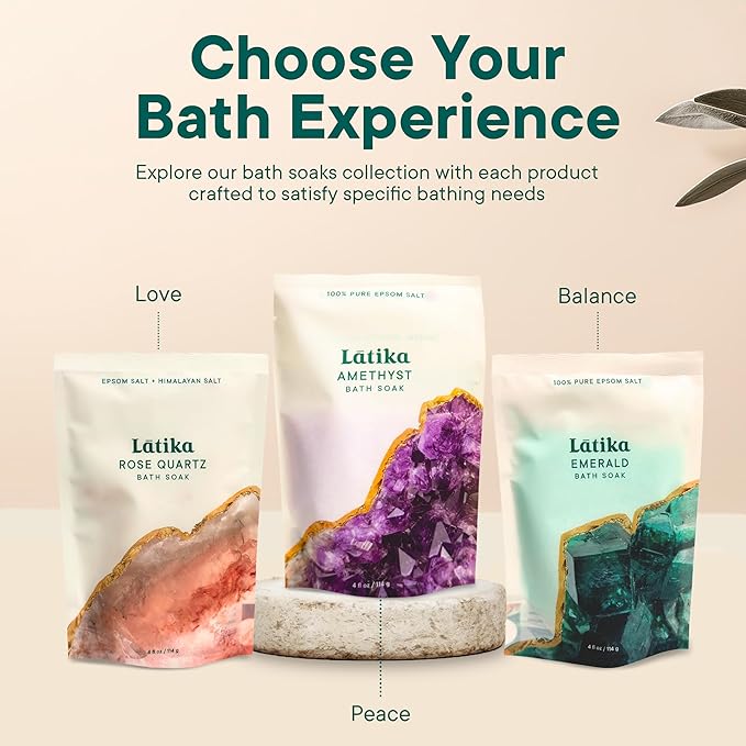 Latika Geode-Inspired Bath Soak Set of 3 - Amethyst, Rose Quartz & Emerald with Essential Oils & Epsom Salt - Sandalwood, Lavender, Sage & Eucalyptus for Stress Relief, Muscle Recovery & Skin Care