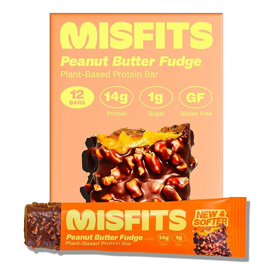 Misfits Vegan Protein Bars, Peanut Butter Fudge - Updated Recipe | Plant Based, Low Sugar & Carb, High Fiber Snacks | Pack of 12