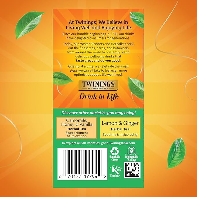 Twinings Decaffeinated Green Tea Individually Wrapped Bags, 20 Count (Pack of 6), Smooth Flavour, Enticing Aroma, Enjoy Hot or Iced, 120 Teabags