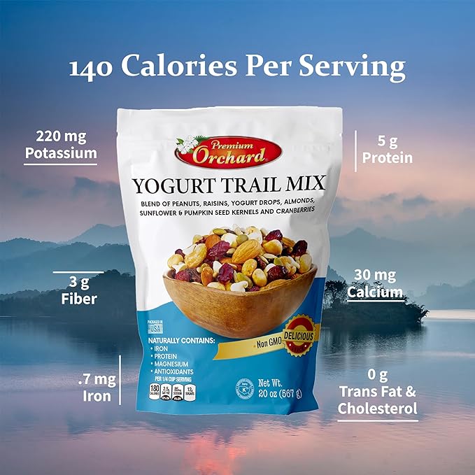 YOGURT TRAIL MIX BY PREMIUM ORCHARD - Seeds, Yogurt, Fruit and Nuts Mix - Trail Mix Bulk Blend of Mixed Nuts & Dried Fruit - Healthy Snacks, High Plant Protein, Non-GMO, 20z