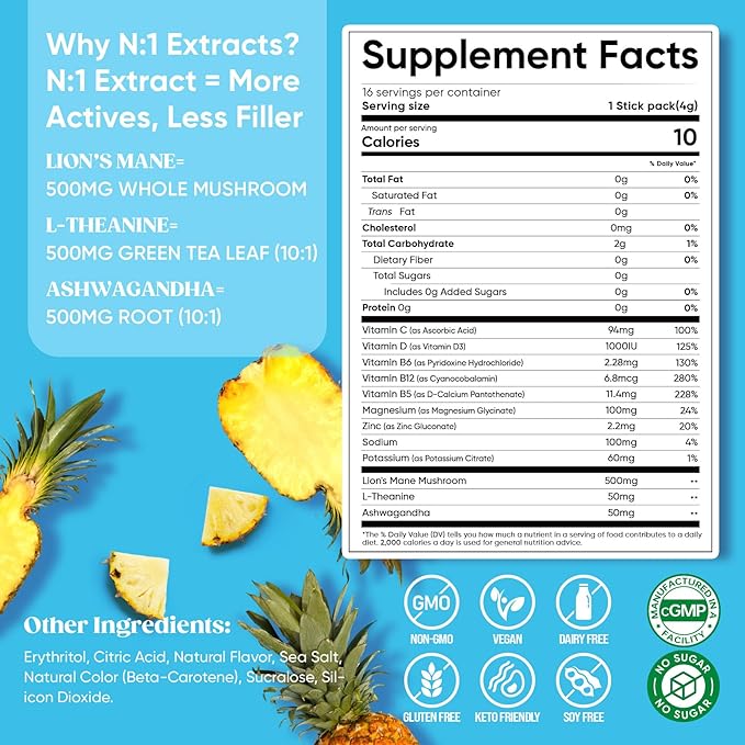 Venture Pal Calming Powdered Drink Mix, Magnesium Glycinate, Ashwagandha, L-Theanine,Vitamin D, Lions Mane, Sugar Free Magnesium Supplement Blend for Relax & Focus, Non GMO, Vegan, On The Go