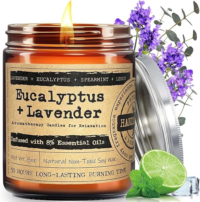 KOTKAS Lavender Eucalyptus Scented Candles - 8oz Natural Scented Soy Candles for Home Non Toxic Aromatherapy Lavender Candles Gifts for Women Bath Relaxing Calming Soothing Relaxation Stress Relief
