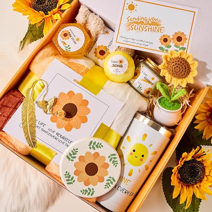 Sunshine Box - Sunshine & Sunflower Gifts for Women, Self Care Birthday Gifts, Care Package for Women, Relaxation Encouragement Gift Set with Sunflower Theme