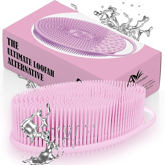 Avilana Silicone Body Scrubber - Food Grade & Lab Tested, Gentle Exfoliating Shower Brush for All Skin Types, Hygienic Quick-Dry Loofah Alternative (Pink, Exfoliate-Silver)