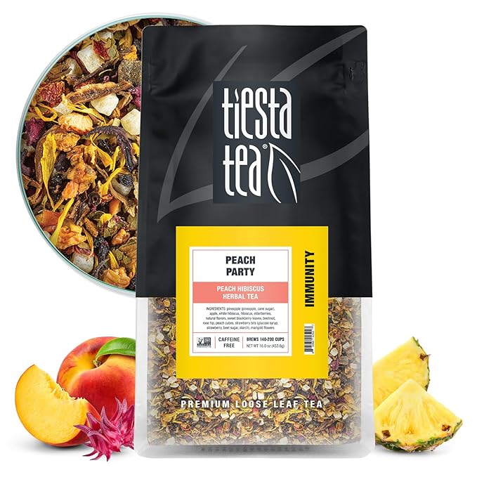 Tiesta Tea - Peach Party, Peach Hibiscus Herbal Tea, Premium Loose Leaf Tea Blend, Non-Caffeinated Fruit Tea, Make Hot or Iced & Up to 200 Cups, 16 oz Resealable Pouch