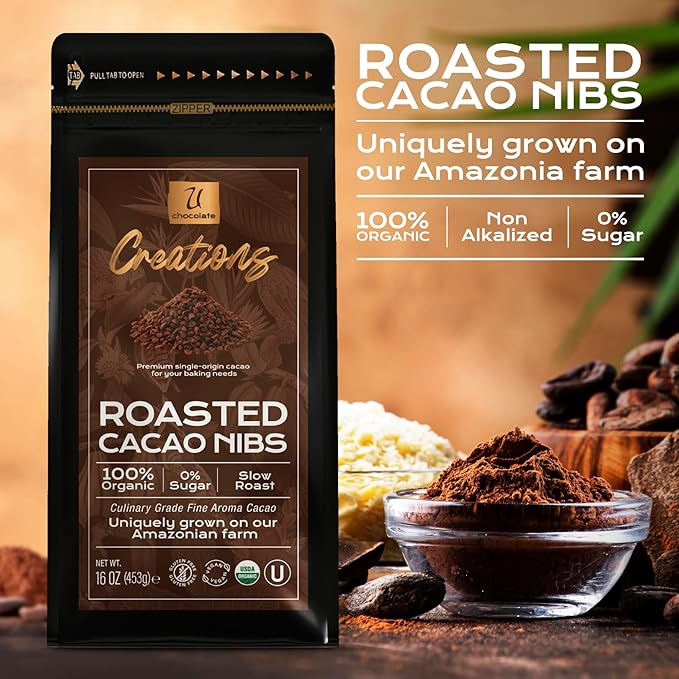 U Chocolate Creations | Organic Cacao Nibs (16 oz) | Fresh from our Farm | 100% natural, 0% Sugar | Perfect topping for healthy snacks, granola, ice cream, yogurt and baking recipes, flavanol-rich.