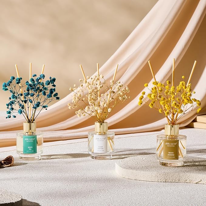 Airkeep Reed Diffuser Set of 3,Clean Cotton White Jasmine White Tea Oil Reed Diffusers for Bedroom Living Room Office Aromatherapy Oil Reed Diffuser for Gift 50ml x 3