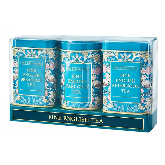 New English Teas 3x Song Thrush and Berries Mini Tea Tins with Loose English Tea - English Breakfast, Earl Grey and English Afternoon Blends