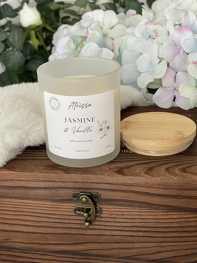 Jasmine Vanilla 8 OZ Handmade Scented Soy Wax Candle, Floral, Sweet, Elegant, Romantic Candle, Non-Toxic Made in The USA Candle for Her or Home (8 Oz, Jasmine Vanilla)