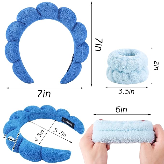 Zkptops Spa Headbands for Washing Face Wristband Set Sponge Makeup Skin Care Headband Towels Bubble Soft Hairband for Women Girls Puffy Headwear Winter Non Slip Thick Thin Hair Accessory(Dark Blue-3)