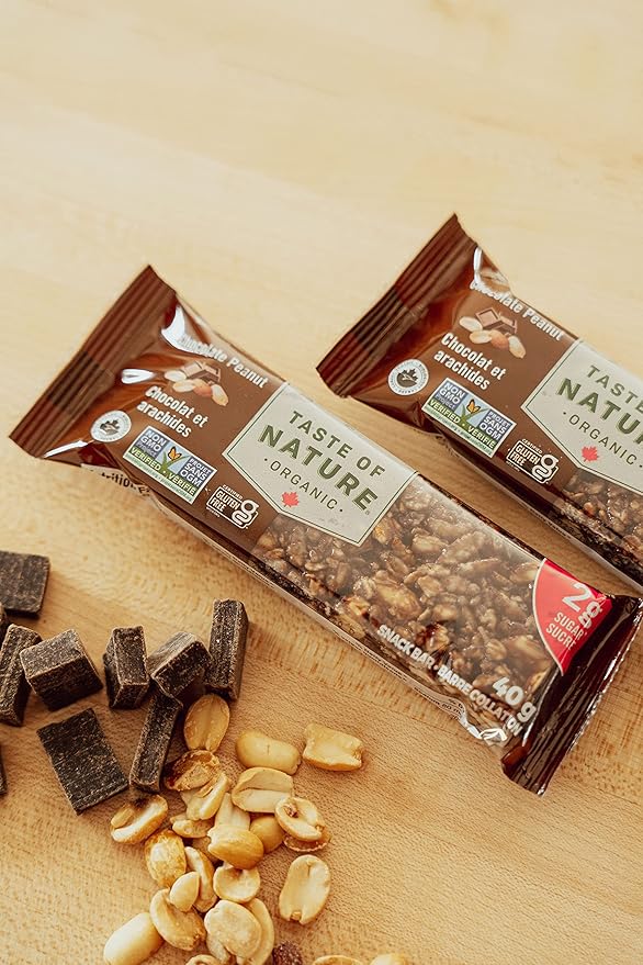 Taste of Nature - Organic 2g Sugar Chocolate Peanut - Low Sugar Snack and Breakfast Bar, High Fiber Energy Bar - 16 Count Snack Pack