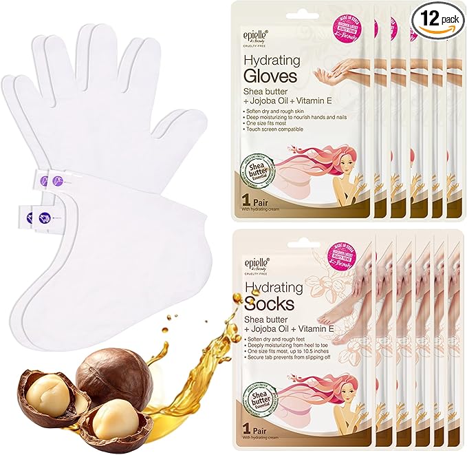 Epielle Hydrating Hand & Foot Masks 12 Pairs, Deep Moisturizing Socks & Gloves, Soften Dry Hands & Cracked Heels with Shea Butter & Jojoba Oil, Korean Skin Care, Foot Spa, Self Care Gifts for Women