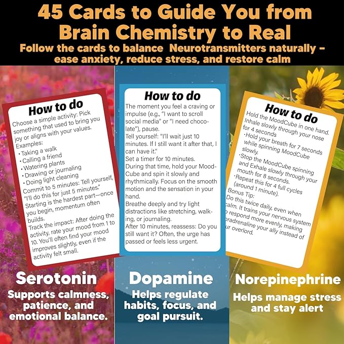 Self Care Cards for Anxiety Relief with MoodCube Spinner, Science-Based Emotion Therapy Tools for Adults & Teens, 45 Mindfulness & Meditation Exercises for Depression, Great Relaxation Gift