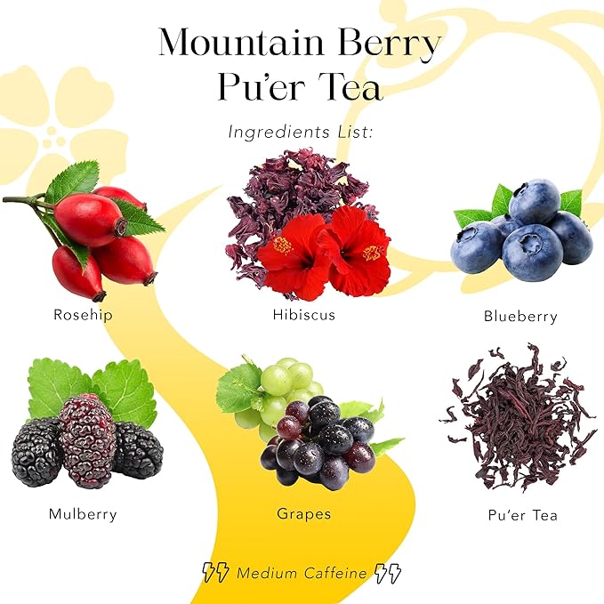 MyRoyalte Mountain Berry Puerh Tea Organic - Hibiscus Tea Loose Leaf Tea With Blueberries Grapes Mullberries - Pu'er tea Rosehip Tea - Organic Herbal Tea Chinese Tea Gift Idea for Tea Lovers - 3 oz