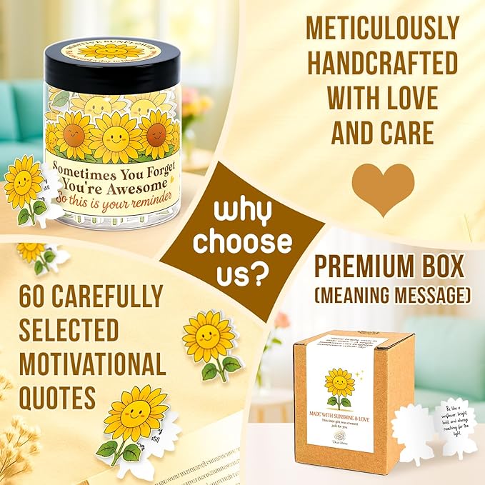 Inspirational Gifts for Women - Emotional Support Positive Sunflower Gift - Sometime You Forget You're Awesome - 60 Positive Affirmation Cards Jar, Thank You Gift for Coworker, Sister Friend, Teacher