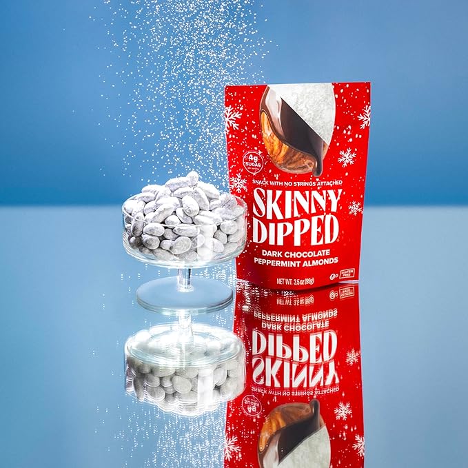 SkinnyDipped Dark Chocolate Peppermint Almonds, Healthy Snack, Plant Protein, Gluten Free, 3.5 oz Resealable Bags, Pack of 5