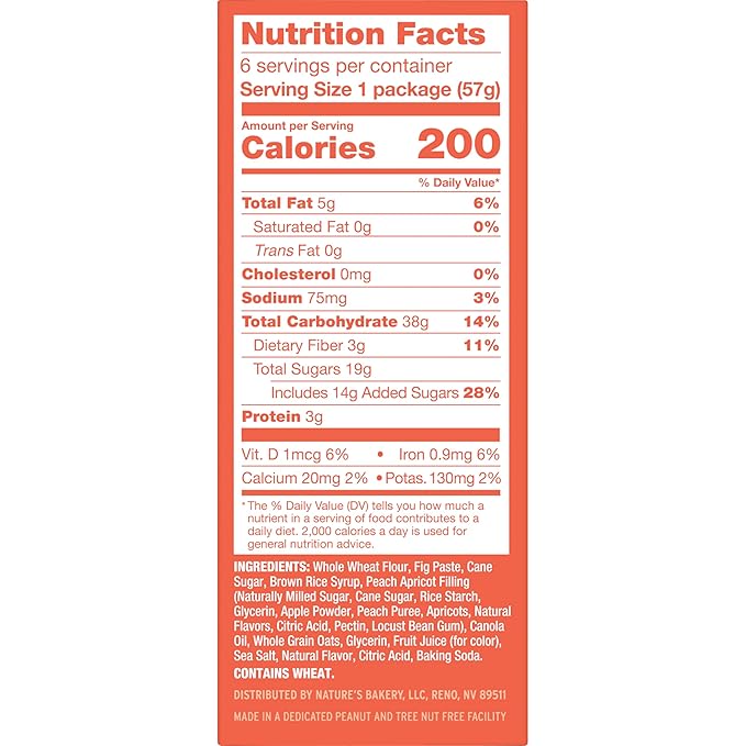 Nature's Bakery Whole Wheat Fig Bars, Peach Apricot, Vegan Snacks, Non-GMO (6 Count of 2 Ounce Bars), 12 Ounce