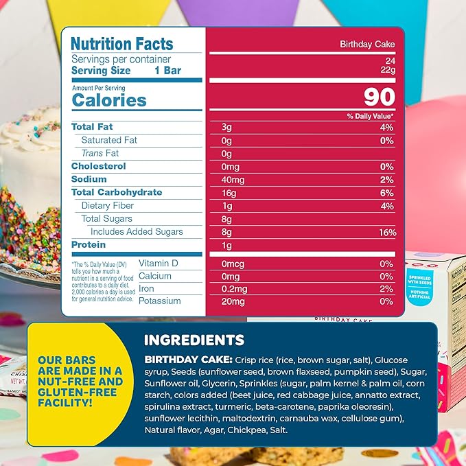 Blake’s Seed Based Crispy Treats – Birthday Cake (24 Count), Nut Free, Gluten Free, Dairy Free & Vegan, Healthy Snacks for Kids or Adults, School Safe, Low Calorie Soy Free Snack