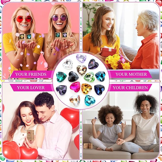 Landical 50 Sets Pocket Hug Token Gifts Small Crystal Heart Stones Bulk with Boxes Mini Heart Shape Natural Stones for Colleagues Family Distance Social Celebration of Life Gifts(Rhinestones)