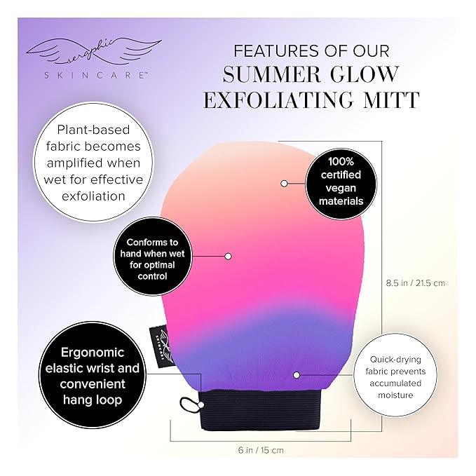 Seraphic Skincare (Summer Glow) Premium Exfoliating Mitt for Body 1pc– 100% Vegan Viscose Traditional Body Scrub Glove Kessa Korean Washcloth – Body Exfoliator for Self-Tan Removal & Keratosis Pilaris