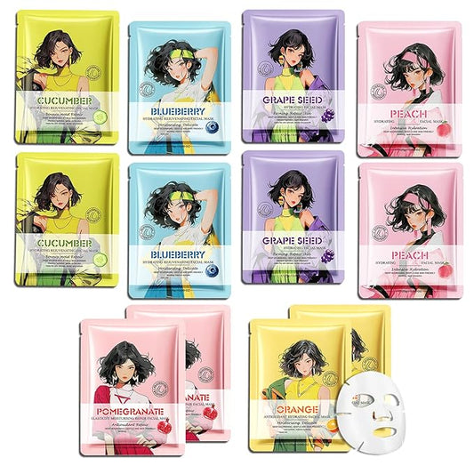 12PCS Hydrating Facial Sheet Mask,Moisturizing Face Masks Skincare Gift Set,Long Lasting Face Mask Skin Care & Facial Mask Kit for All Skin Types 19