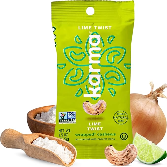 Lime Twist Cashews with Skin by Karma Nuts, Whole, Roasted, Vegan, Gluten Free, Low Net Carb, Natural, No Sugar Added, Keto Friendly, Everyday Nut Snack, 1.5 Ounce (12 Snack Packs)