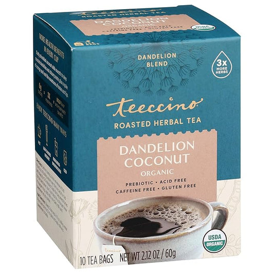 Teeccino Dandelion Root Tea – Coconut – Caffeine Free, Roasted Herbal Tea with Prebiotics, 3x More Herbs than Regular Tea Bags, Gluten Free - 10 Tea Bags
