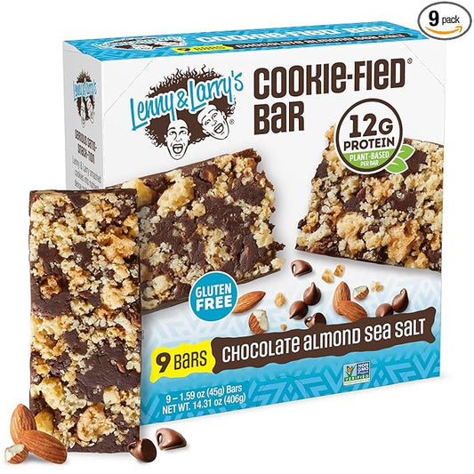 Lenny & Larry's Cookie-fied Protein Bar – Chocolate Almond Sea Salt Vegan Protein Bars 9x45g – Healthy Snacks with 12g Plant Protein & 5g Fiber – Gluten free Power Bar, Keto Friendly, Non-GMO & Vegan