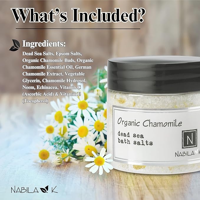 Organic Chamomile Bath Salts by Nabila K - Dead Sea Salt & Epsom Salt Scrub & Soak - Exfoliates & Hydrates Skin, Botanical Essential Oils - Bubble Bath Accessories for All Skins Types, 2 oz