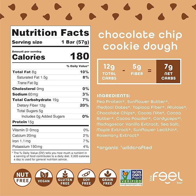 Feel Vegan Protein Bars | Cookie Dough | Keto | Gluten Free | Organic | Cordyceps | 15g Protein | Low Carb | Dairy Free | Grain Free | Nut Free | Soy Free | Non GMO - 10 Pack