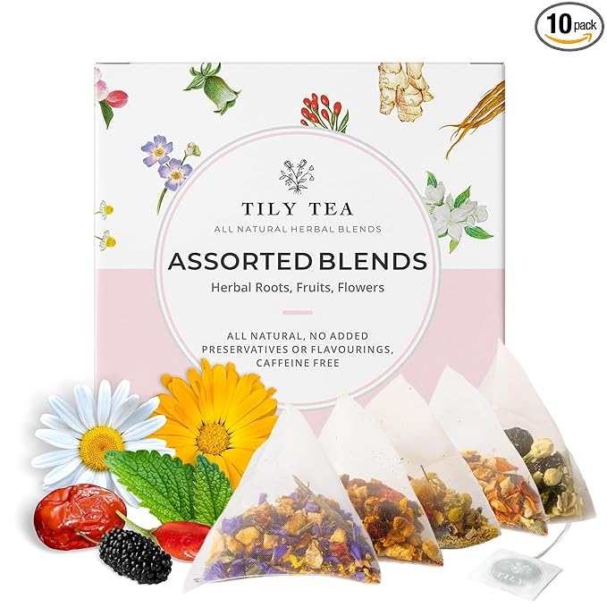 Tily Tea Assorted Herbal Tea Box - 5 Flavors of Caffeine-Free Tea - Morning Shine, Through the Day, Evening Calm, Perfect Pairing, Radiant Glow - 10 Plastic-Free Pyramid Tea Bags