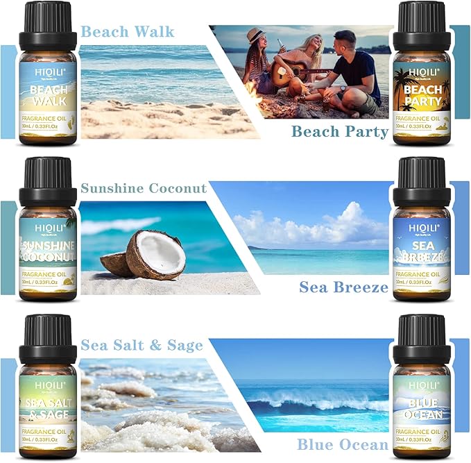 HIQILI Fragrance Oil, Gold Coast 6x10ml for Candle Scents Making, Scented Oils for Soy Candles Soap Slime Aromatherapy Diffuser, Premium Grade Essential Oil Set for Christmas Holiday