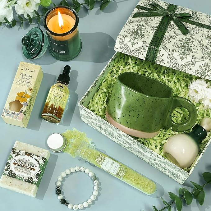 Golray Spa Gifts for Women Self Care Get Well Soon Basket Set with Mug, Thinking of You Relaxing Spa Christmas Birthday Gift for Mom Her Wife Sister Friend Grandma (Green)
