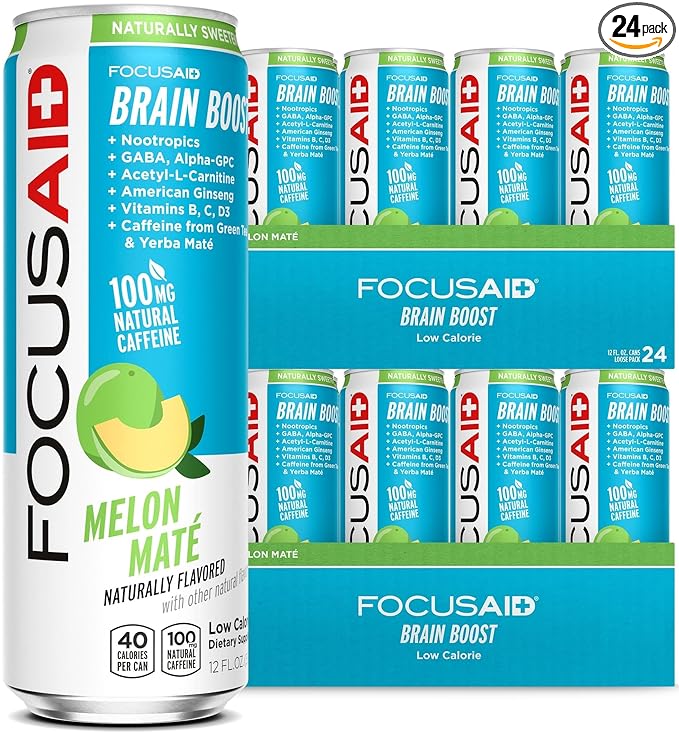 FOCUSAID Energy Blend, Nootropics Drink for Brain Fuel, Alpha-GPC, GABA, B-Complex, Yerba Mate, Green Tea, 100% Clean,100mg Natural Caffeine, 12 Fl Oz (Pack of 24)