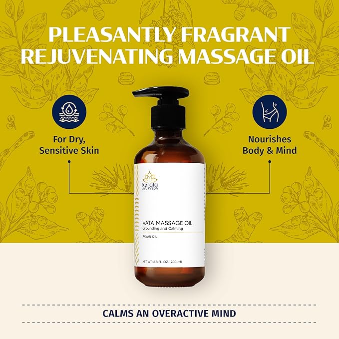 Kerala Ayurveda Everyday Herbal Massage Oil | Nourishes Dry Skin | Ashwagandha Rich Oil | Promotes Sleep & Relaxation | Ideal for Balancing Vata Dosha | Pavan Oil - 6.8 Fl Oz